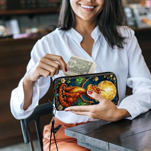 Image of Women's Wallets Credit Card Holder Money Leather Long Wallet | Long wallet with Wristlet,Large Capacity with Zip-Around Phone Purse for Women Ladies Girls,Cute Red Dragon