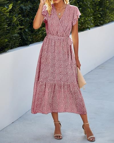 Image of BTFBM Women Summer Bohemian Floral Casual Wrap V Neck Ruffle Cap Sleeveless Belt A-Line Pleated Hem Midi Sun Dress White