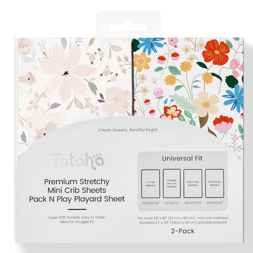 Image of TotAha Buttery Soft Mini Crib Sheets Girl, Floral Pack N Play Mattress Sheets Hypoallergenic, Premium Jersey Playrad Sheets, Pink Flower Graco Pack and Play Sheets Fitted 2 Pack