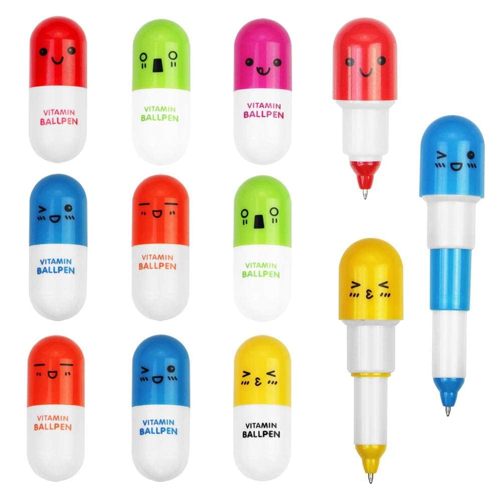 MAKINGTEC 24 Pcs Mini Retractable Ballpoint Pens with Cute Emoticon Cartoon Face Kawaii Blue Ink Writing Ball Pens Set for Kindergarten School Gifts (Random Color)