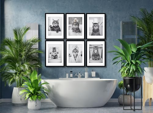 Image of Mira Mest Framed Bathroom Wall Decor | Funny Quotes & Cute Animal Art Prints | Quirky Toilet Signs & Guest Bath Decorations | Minimalist Black & White Washroom Signs | Ready to Hang Toilet Humor for Home & Powder Room (Bath Cat Combo)
