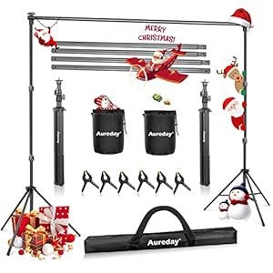 Aureday Backdrop Stand, 7x10Ft Adjustable Photo Backdrop Stand Kit with 4 Crossbars, 6 Background Clamps, 2 Sandbags…