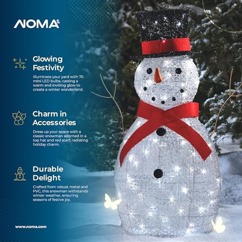 NOMA Pre-Lit Metal Snowman with Top Hat Christmas Decoration with Bright LED Lights, Outdoor Holiday Lawn Decoration, White with Red Scarf