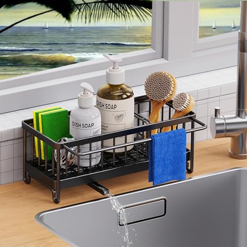 Sink Organizer for Kitchen, Stainless Steel Sponge Holder with Self Draining Tray, Sink Caddy Kitchen Organiser for Countertop Storage & Organisation