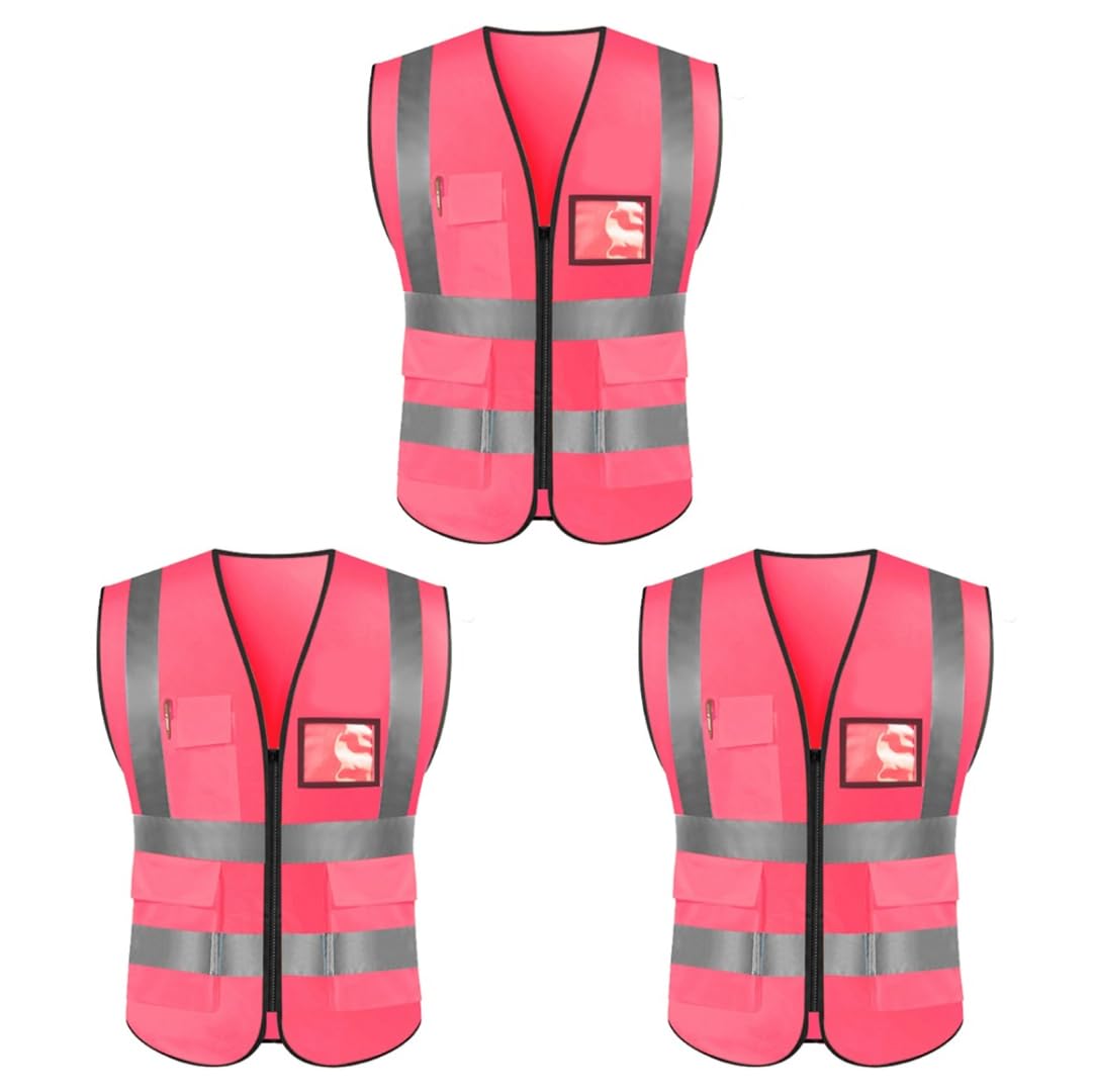 Just Get Safe High Visibility safety vest 3 Pack – Pink Reflective Vest with Pockets & Zipper Front
