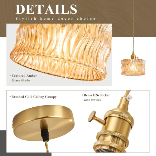 Image of Glass Pendant Lights Kitchen Island,Amber Pendant Lighting Fixtures,Modern Adjustable Hight Chandelier Farmhouse Hanging Ceiling Lighting for Dining Room Hallway,Bedroom Foyer 1 Pack