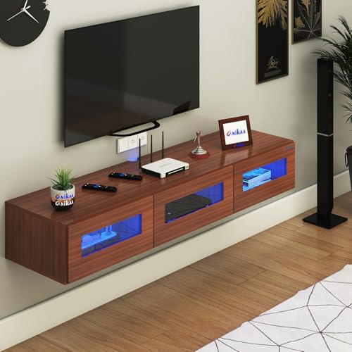 Image of Anikaa Rayza Wall Mount Modern Floating TV Unit for Living Room | 3 Closed Storage cabinets with hinged Door - 3 Blue LED Light | Ideal for UP to 65 Inch TV (Walnut Finish - DIY Installation)