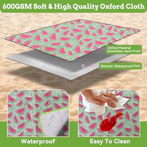 Ninonly Picknickdecke Wasserdicht Picknickdecke 200x200cm Tragbare Waschbar Extra Große Stranddecke Sandfrei Mit Tragegriff Leicht Isoliert für Camping, Picknick, BBQ, Wassermelonenmuster