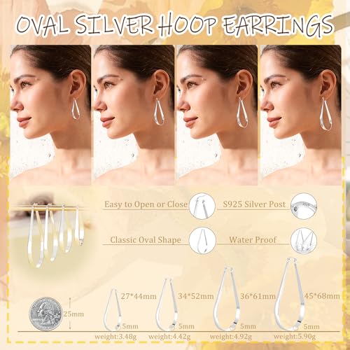 PABBEU S925 Sterling Silver Hoop Earrings Lightweight Oval Silver Hoop Earrings for Women Hypoallergenic 14k Gold Plated Hoops Earring Large Gold Hoops Earring for Women Gift (Inner Diameter：27/34/36/45mm)2