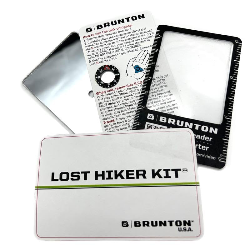 Brunton Lost Hiker Kit, Credit-Card-Size 4-in-1 Survival Tool — Disc Compass, Fresnel Magnifier, Signal Mirror & Emergency Info Card for Hiking, Backpacking, Camping & EDC