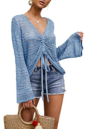 Image of Saodimallsu Womens Boho Off Shoulder Sheer Crop Tops Bell Sleeve Flowy Oversized Crochet Ruched Pullover Sweaters