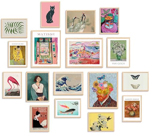 KBKBART Set of 17 Eclectic Wall Art Prints, Colorful Maximalist Wall Decor Canvas Boho Gallery Prints Collage, Vintage Famous Artists Painting Pictures Aesthetic Poster for Funky Room Decor, Eclectic Home Decor for Bedroom Dorm - Unframed