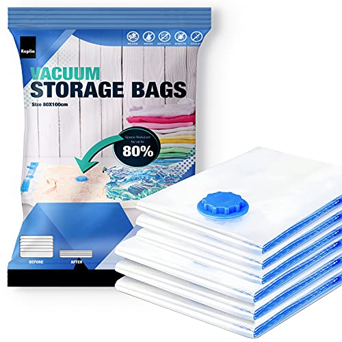 KEPLIN Vacuum Storage Bags | Maximise Space and Store Clothes Bedding Towels Duvet & Pillow | Space Saver Air Suction Bag with Secure Double Zip + Valve | 6 Pack X-Large (80cm x 100 cm)