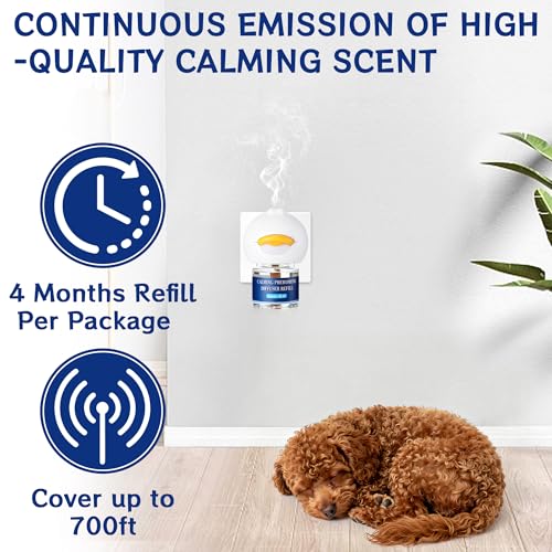 Jeweeio 6-in-1 Hund beruhigende Pheromon Diffuser (2 Stecker in + 4 Refills), Entlastung Angst, Sturm Stress & Indoor Verhalten Unterstützung, 120 Tag, Geruchlos sichere Formel