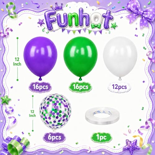Image of Purple Green White Balloons, 50Pcs 12 Inch Theme Party with Confetti Latex