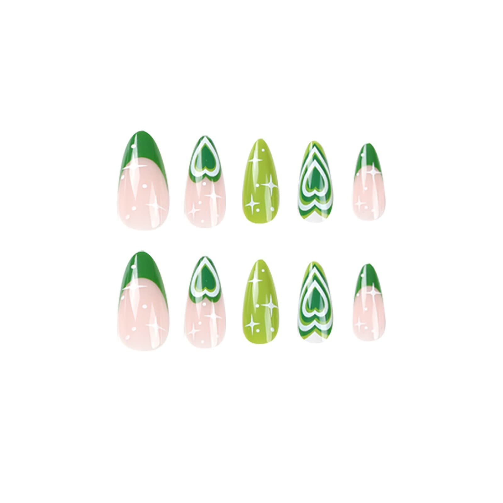 MERVF Medium Press on Nails Almond Fake Nails Green French Tip Glue on Nails Press ons with Heart Design Cute Stiletto Acrylic False Nails 24pcs Glossy