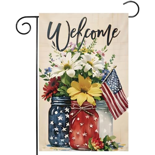 CJYGEGE 4th of July Mason Jar Flowers Summer Garden Flag 12x18 Patriotic Celebration Double-Sided Decorative Burlap Yard Flag for Memorial Day Independence Day Outside Decoration Holiday Festivities