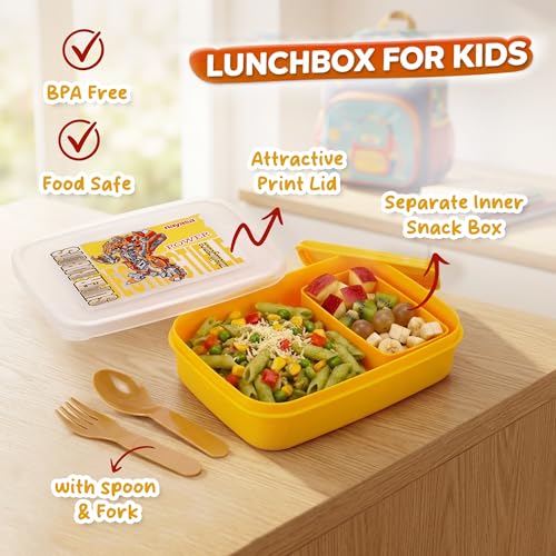 Image of Nayasa Ninja 2 Compartment BPA-Free Plastic Lunch Box for Kids Boys | Transformer Print | Leak Proof Push Lock | Yellow