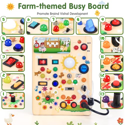 Image of Busy Board with LED Light Switches, Montessori Toys for 1 2 3 Years Old, Toddlers Wooden Toy Sensory Activity Board, Travel Toys for 1+ Year Old Boy & Girl Birthday Gift (Farm)