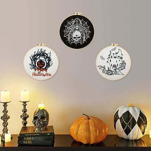 Image of Armindou Halloween Embroidery Starter Kits for Beginners Adults, Stamped Cross Stitch Kit for Adult Beginner, Needlepoint Hand Embroidery Kit with Pattern, 3 Embroidery Hoop, 3 Set Embroidery Supplies