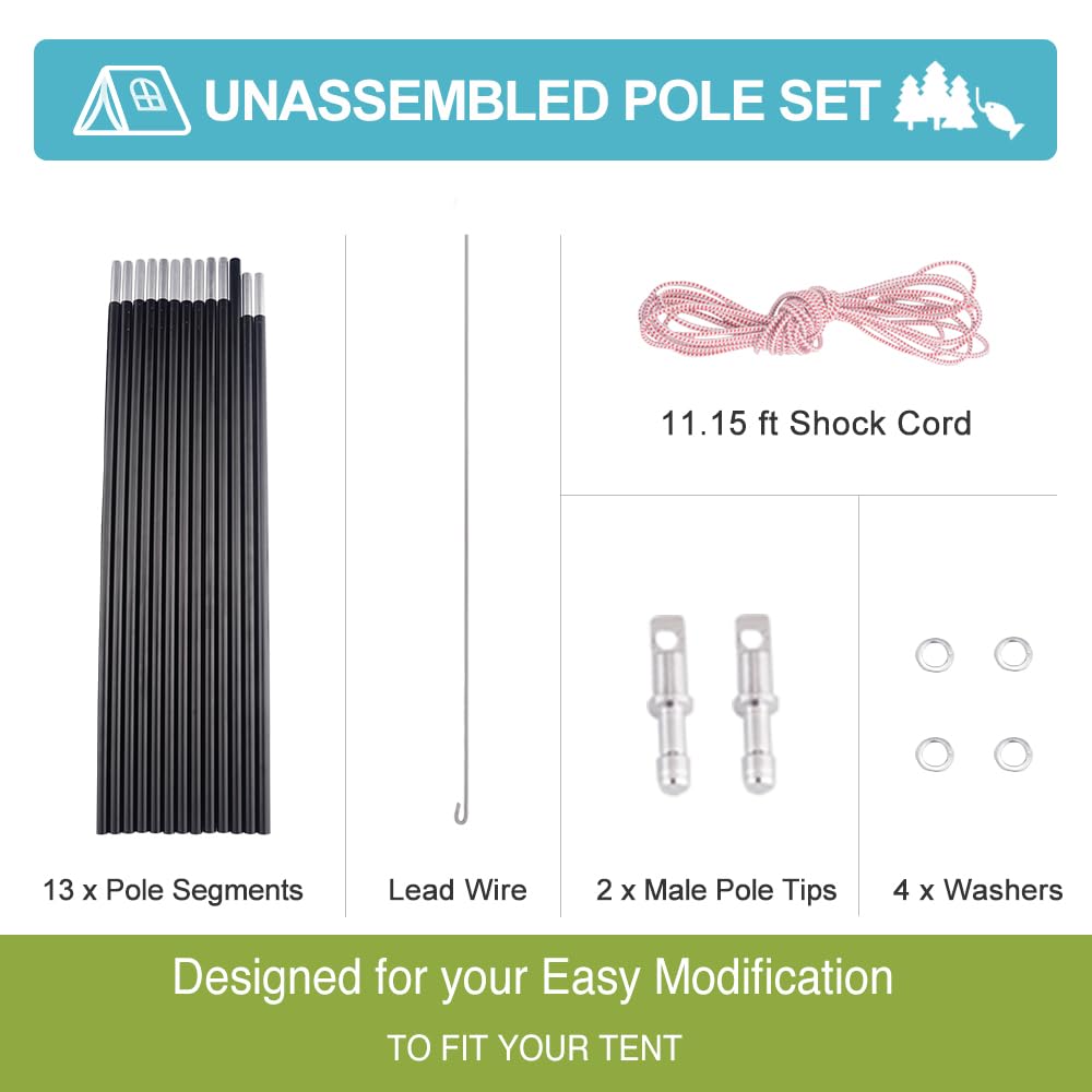 Unassembled Tent Poles Replacement, Female and Male End Tent Compatible, Aluminum Tent Pole Repair Kit.1 Pole Pack
