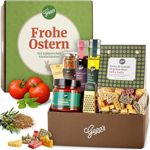 Gepp’s Feinkost Geschenkkorb FROHE OSTERN mit italienischen Spezialitäten I Geschenk-Set mit Nudeln, Bärlauch Pesto, Tomaten-Essig & Basilikum-Olivenöl I...