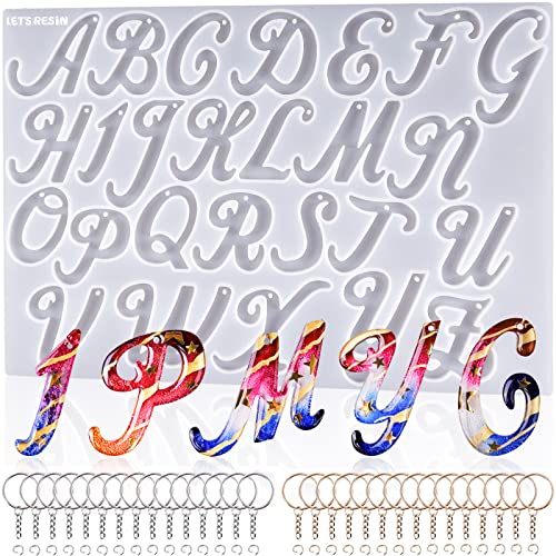 LETS RESIN Large Alphabet Mold with Hole Reversed Alphabet Letter Resin Molds Silicone with 30 Jump Rings 30 Key Rings Epoxy Molds for Keychain Making(15.3X8.9)