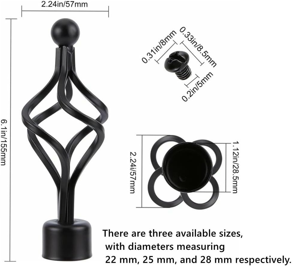 Curtain Rod Finial 22mm 25mm 28mm 4PCS Iron Twist Head Roman Rod Decorative end Accessories Black 25mm