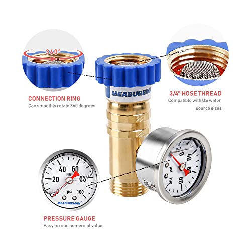 Image of MEASUREMAN Lead-Free Brass Water Pressure Regulator 3 /4 inch GHT, 0-100 PSI Pressure Gauge 1.5 inch Dial x 1 /8 inch NPT Back Mount, Garden Hose Pressure Regulator for RV, Camper, Trailer, Plumbing System
