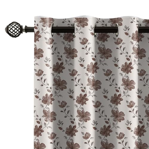 Image of LINENWALAS Printed Blackout Curtains for 5 Feet Window | Set of 2 | Floral Printed Drapes | Thermal Insulated, Room Darkening Panels with Grommet Hanging for Living Room (Brown Bloom)