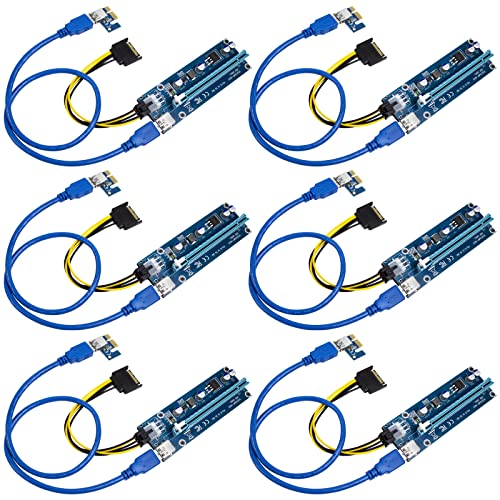 PCI-E Riser for Bitcoin-Litecoin-ETH Coin, PCIE VER 006C 6 Pin 16x to 1x Powered Riser Adapter Card, 50cm USB 3.0 Extension Cable to MOLEX SATA Power Cable GPU Riser Adapter Ethereum Mining ETH (6PCS)