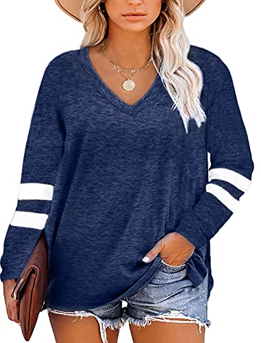 Long Sleeve Shirts for Women Blouses Plus Size Fall Clothes Fashion Clothing 2025 Womens Tops Dressy Casual Trendy Oversized Tshirts Sweatshirt Loose Tunics School Teacher Business Outfits Navy 3XL