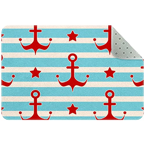 Alfombra de rayas de estrellas y marineros de color rojo náutico, alfombra antideslizante para sala de estar, dormitorio, niñas, habitación de niños, habitación de 61 x 40 cm