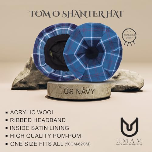 Image of Scottish Tam O' Shanter Hat Tartan Bonnet Pom Pom Wool Flat Cap One Size