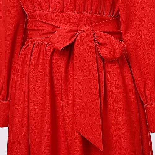 Image of CAMDOM Church Clergy Dress for Women Long Sleeve A Line Elegant Maxi Dress with Tab Insert Stand Collar and BeltA