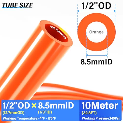 Image of TAILONZ PNEUMATIC Orange 1 /2 Inch OD 10 Meter 32.8ft PU Polyurethane Air Tubing Kit Pipe Hose Air Line Tubing Air Hose Fittings Push to Connect Fittings(27PCS)