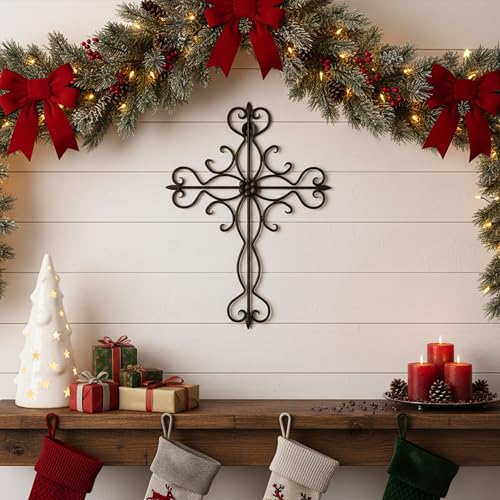 RELY+ Black Matte Wall Cross 14x10 Inch Living Room Décor Outdoor Crucifix Rustic Wall Decor Metal Wall Art Decorative Hanging Iron Wrought Wall Décor crosses for Indoor Home Halloween Decorations