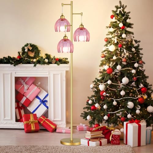 Image of ZECOXOL Dimmable Floor Lamps for Living Room-3 Light Gold Vintage Floor Lamp with Glass Lampshape & Three Bulbs,Modern Mid Century Standing Lamp Green Flower Tall Tree Floor Lamp for Bedroom Corner