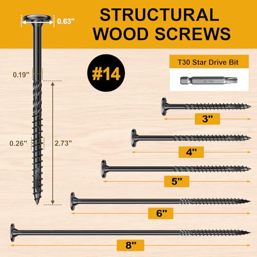 Image of #14 x 3 Wood Structural Lag Screws | 300Pcs Star Drive Decking Wood Screws, Rust Resistant Timber Screws for Timber /Log /Landscaping Wood