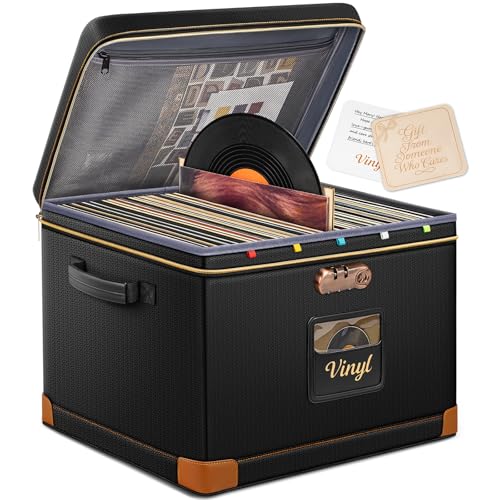 DEEGO Vinyl Record Storage Box with Lock, Fireproof & Water-Resistant Record Album Storage for...
