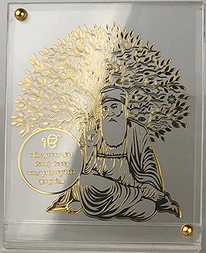 shree kreations Gold Plated Tree of Life Gurunanak Ji's Frames Showpiece on Acrylic Stand for Car Dashboard, Home, Office Table. 9.5 cm X 7.5 cm