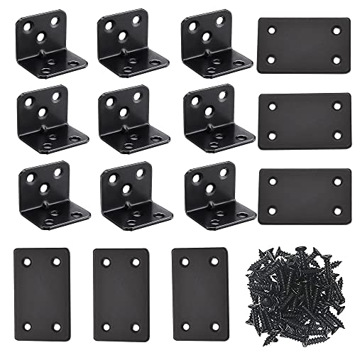 Edelstahl Winkel 15 Stück, Winkelverbinder 90 Grad L Klammern Eckwinkel(9 Stück) und Lochplatte Flachverbinder Holzverbinder Verbindungsplatte Verbinder(6 Stück) für Betten Schränken(Schwarz) Cover