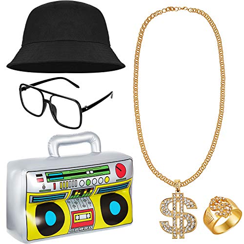 80s/ 90s Hip Hop Costume Kit Cool Rapper Outfits - Inflatable Radio Boombox, Bucket Hat, Sunglasses, Dollar Sign Necklace and Ring