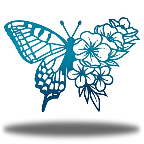 Riverside Designs Floral Butterfly Garden and Patio Metal Wall Art Steel Decor (Teal, 8)