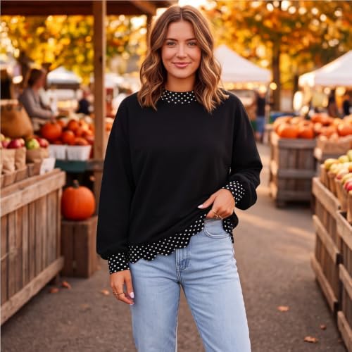 Mock Neck Sweatshirt Women Scalloped Edge Patchwork Polka Dot Pullover - image 8