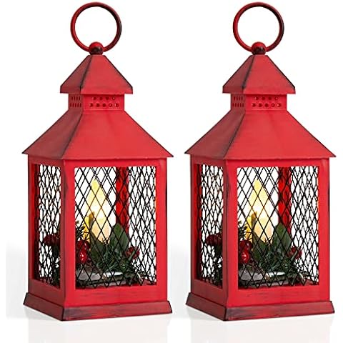 Yongmao Christmas Decorative Lantern LED Candle with Timer Vintage Christmas Red Look Distressed Pine Holly Berry Barbed Wire Hanging Lantern for Indoor Outdoor Home Decor Cover