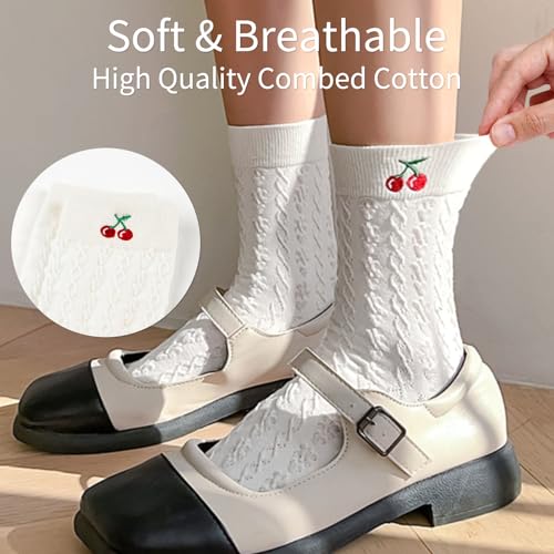Image of Women's Cute Crew Socks, Casual Athletic Cotton Bowknot Cherry Calf Novelty Socks for Women