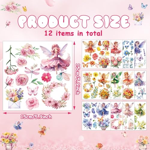 Image of gisgfim 12 Sheets Fairy Flower Rub on Transfers for Crafts and Furniture, Stickers Decals Decor for Spring Summer VBS Home Office Paper Wood DIY Craft, 5.9 x 5.9 Inch