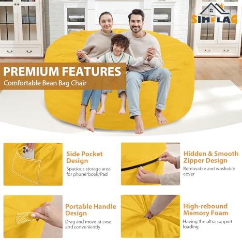 5FT Bean Bag Chair, Large Bean Bag Chairs with Memory Foam Filled, Fluffy Beanbag Sofa with Dutch Velvet Cover, Round BeanBag Chairs for Living Room, Playroom - Lemon