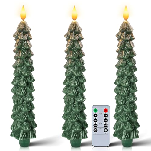 Image of Homemory 3 Pcs Christmas Tree Candles with Remote, Waxy Flameless Taper Candles Flickering, Green LED Candlesticks Battery Operated for New Year Celebration Holiday Decorations 9.7 Inches